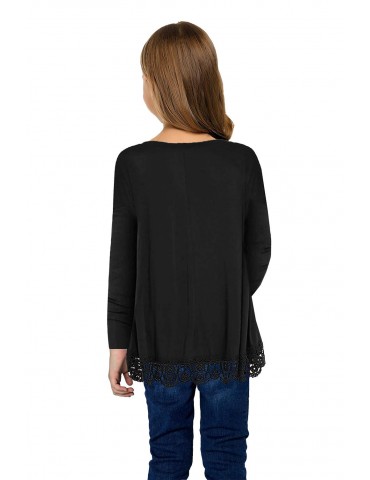 Black Long Sleeve Lace Trim O-neck A-line Tunic Blouse