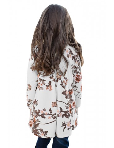 White Floral Key Hole Front Girl's Long Sleeve Top