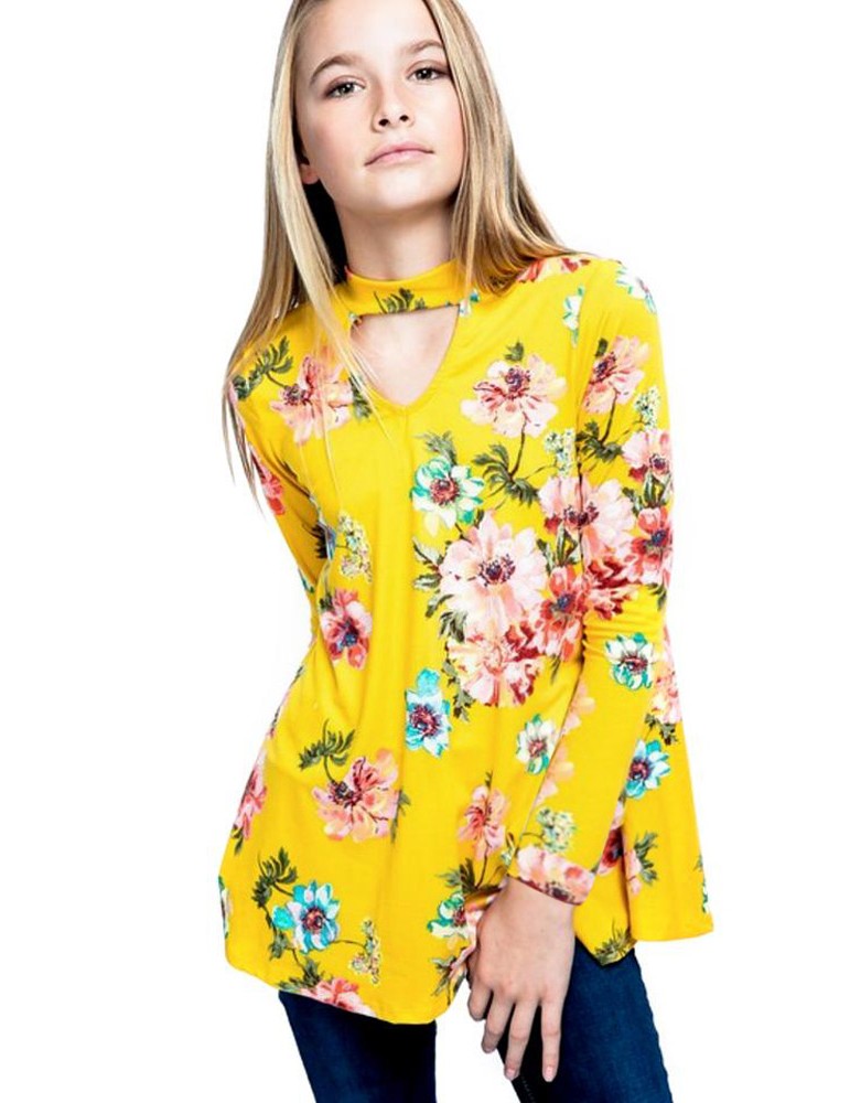 Yellow Floral Key Hole Front Girl's Long Sleeve Top