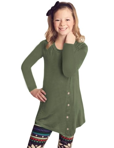 Green Little Girl Long Sleeve Button Tunic