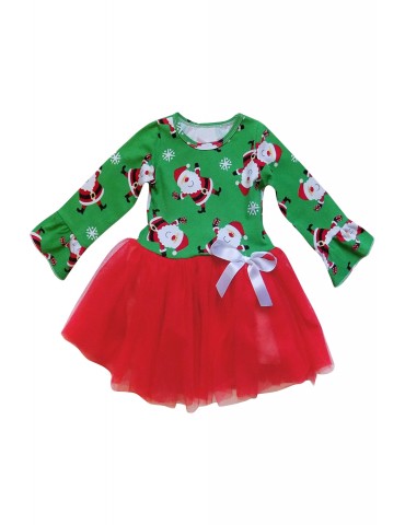 Green Red Santa Snowflack Print Christmas Toddler Dress