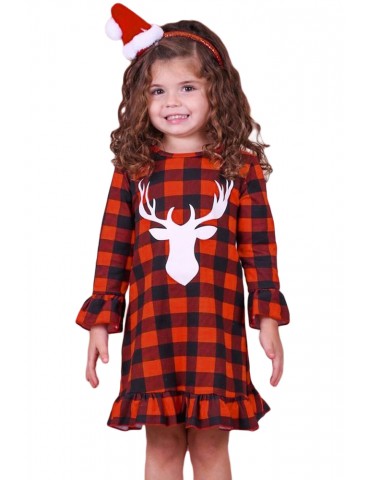 Girls Reindeer Graphic Plaid Ruffled Christmas Dress