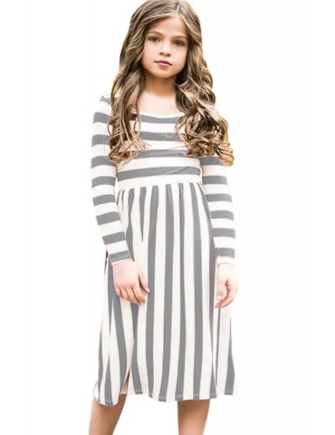 Gray White Striped Long Sleeve Dress for Kids