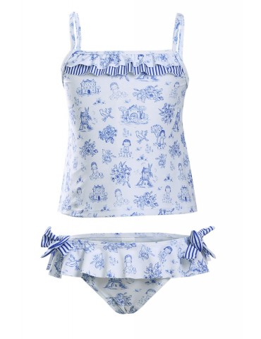 Blue Toile Pattern Little Girls Swimsuit