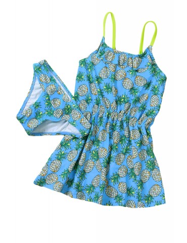 Blue Pineapple Print Little Girls Swimdress with Panty