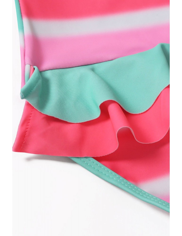 Neon Multicolor Striped Ruffle Trim Girls’ Teddy Swimsuit