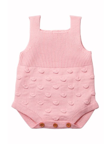 Pink Ribbed&Spotted Cotton Knit Sleeveless Baby Romper